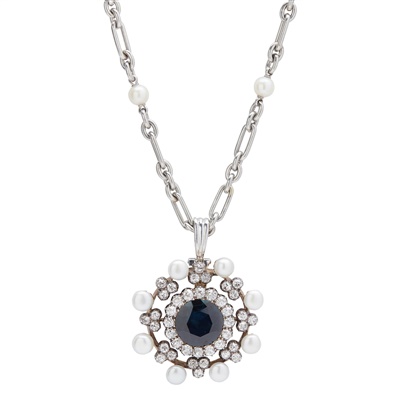 Lot 83 - A sapphire, pearl and diamond set pendant necklace