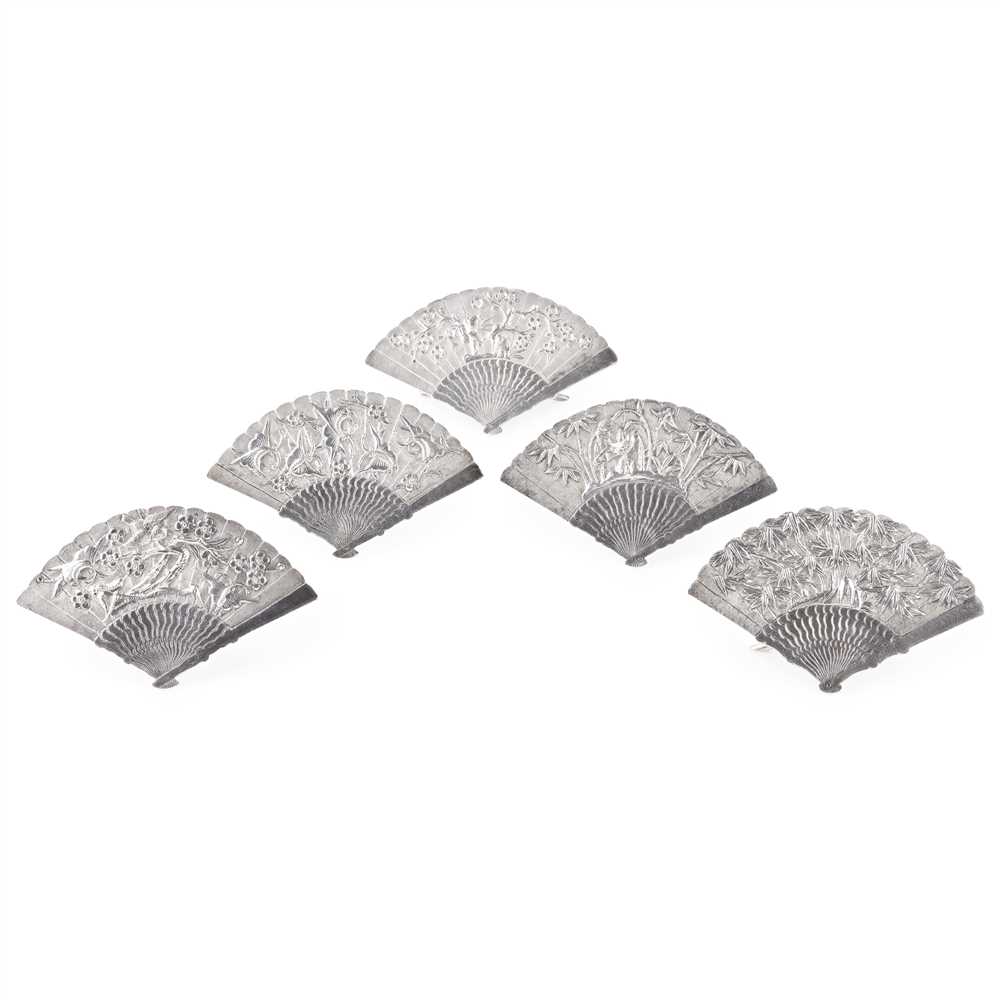 Lot 50 - COLLECTION OF FIVE SILVER FAN-SHAPED MENU HOLDERS
