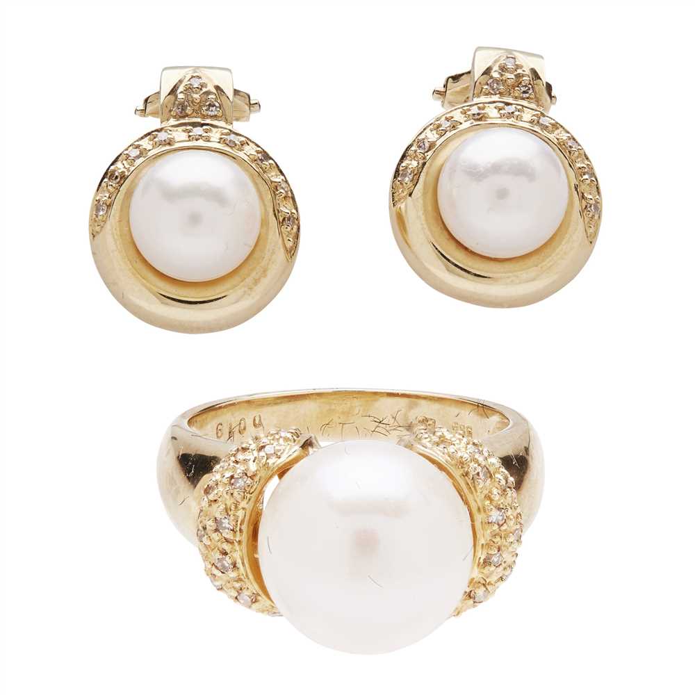 Lot 154 - A pearl and diamond set ring and earrings