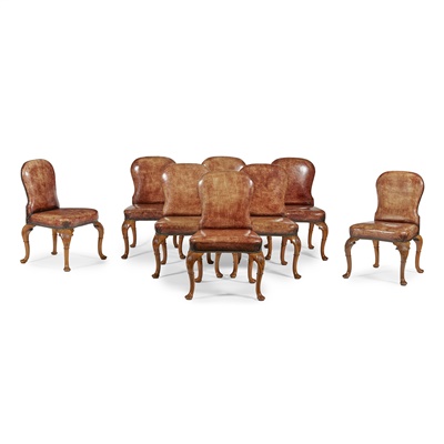 Lot 30 - SET OF EIGHT GEORGE II STYLE WALNUT AND LEATHER DINING CHAIRS