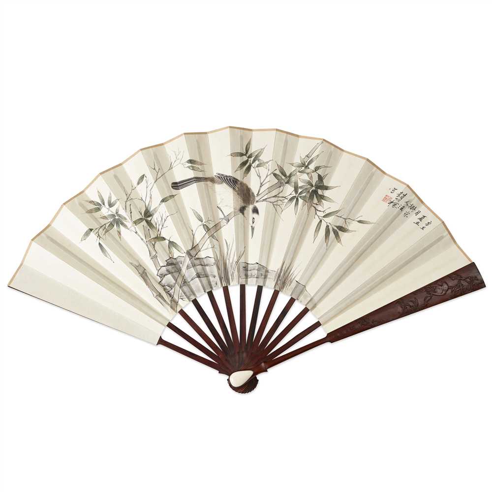 Lot 17 - PAINTED FAN WITH HUANGHUALI GUARDS