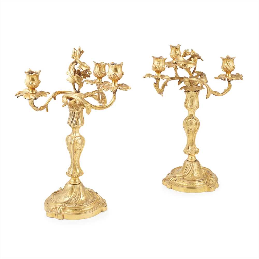 Lot 430 - PAIR OF LOUIS XV AND LATER GILT BRONZE THREE-LIGHT CANDELABRA