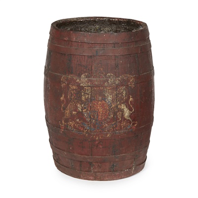 Lot 79 - PAINTED AND POLYCHROME ARMORIAL BARREL