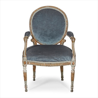 Lot 113 - GEORGE III PAINTED AND PARCEL GILT ARMCHAIR, ATTRIBUTED TO THE WORKSHOP OF THOMAS CHIPPENDALE