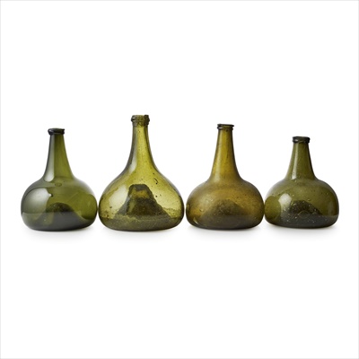 Lot 78 - FOUR OLIVE GREEN GLASS 'ONION' BOTTLES