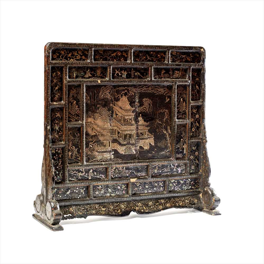Lot 22 - RARE MOTHER-OF-PEARL INLAID BLACK LACQUER ‘PAVILION OF PRINCE TENG’ SCREEN