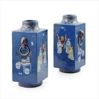 Lot 172 - PAIR OF BLUE-GROUND FAMILLE ROSE SQUARE-SECTION VASES