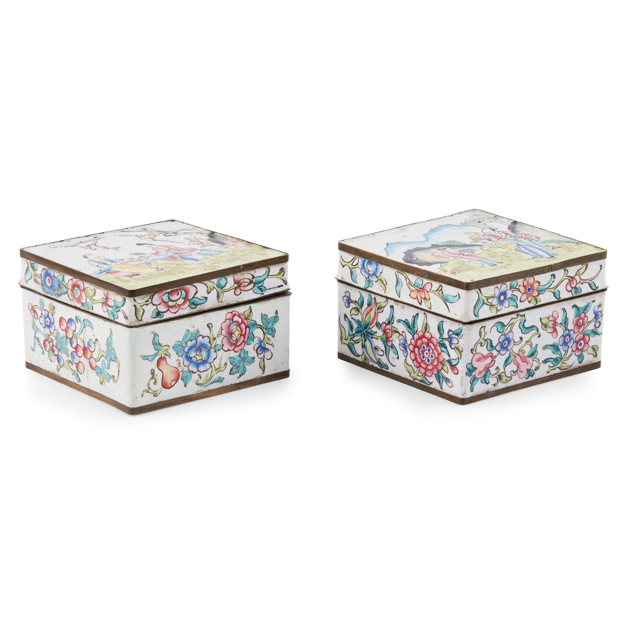 Lot 58 - PAIR OF PAINTED ENAMEL SQUARE BOXES