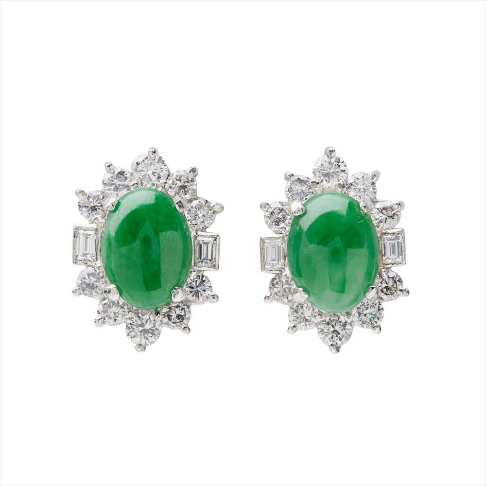 Lot 94 - A pair of jade and diamond set cluster earrings