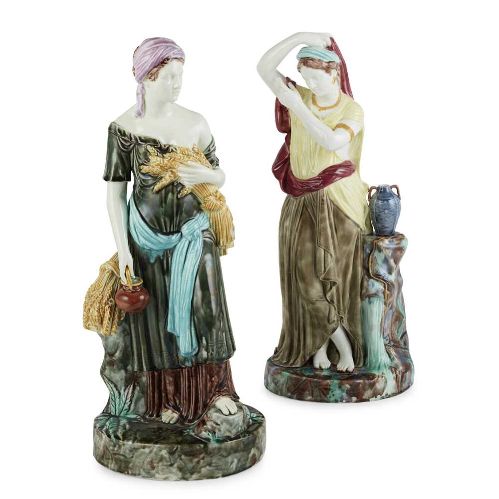Lot 390 - PAIR OF ENGLISH MAJOLICA FIGURES OF RUTH AND REBECCA