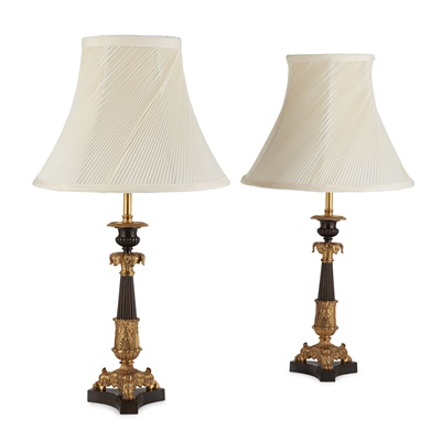 Lot 203 - PAIR OF REGENCY PATINATED AND GILT BRONZE LAMPS