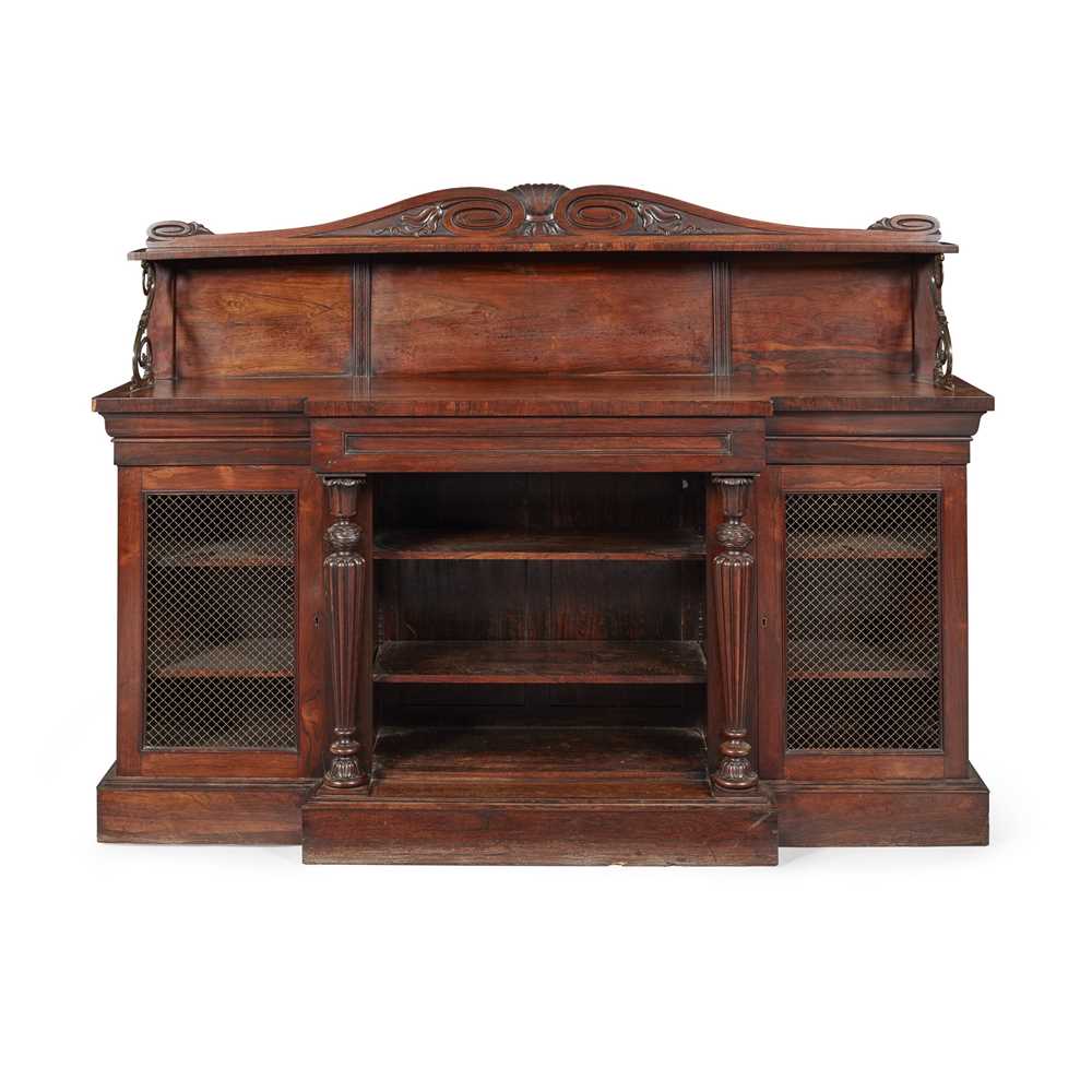 Lot 263 - REGENCY ROSEWOOD AND BRASS OPEN BOOKCASE, IN THE MANNER OF GILLOWS