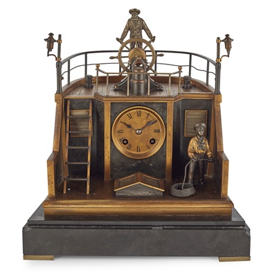 Lot 382 - FRENCH GILT AND PATINATED METAL AUTOMATON QUARTER DECK CLOCK, BY GUILMET, PARIS