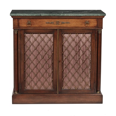 Lot 155 - REGENCY STYLE MAHOGANY AND BRASS MARBLE-TOPPED CABINET