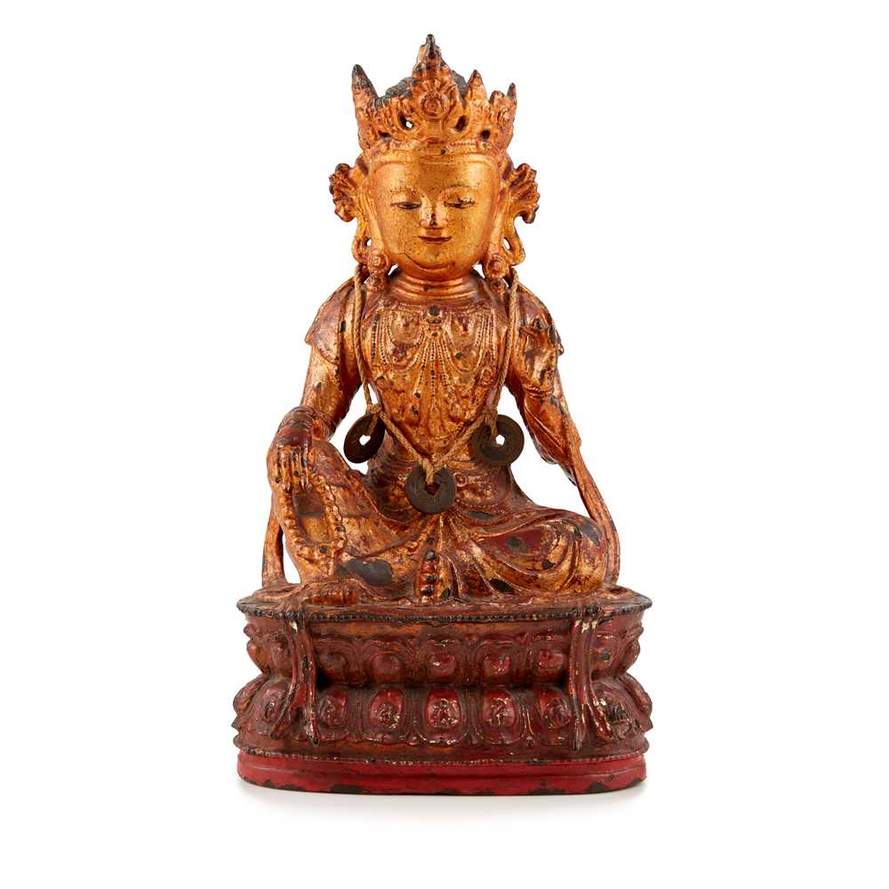 Lot 41 - LACQUERED GILT BRONZE FIGURE OF GUANYIN