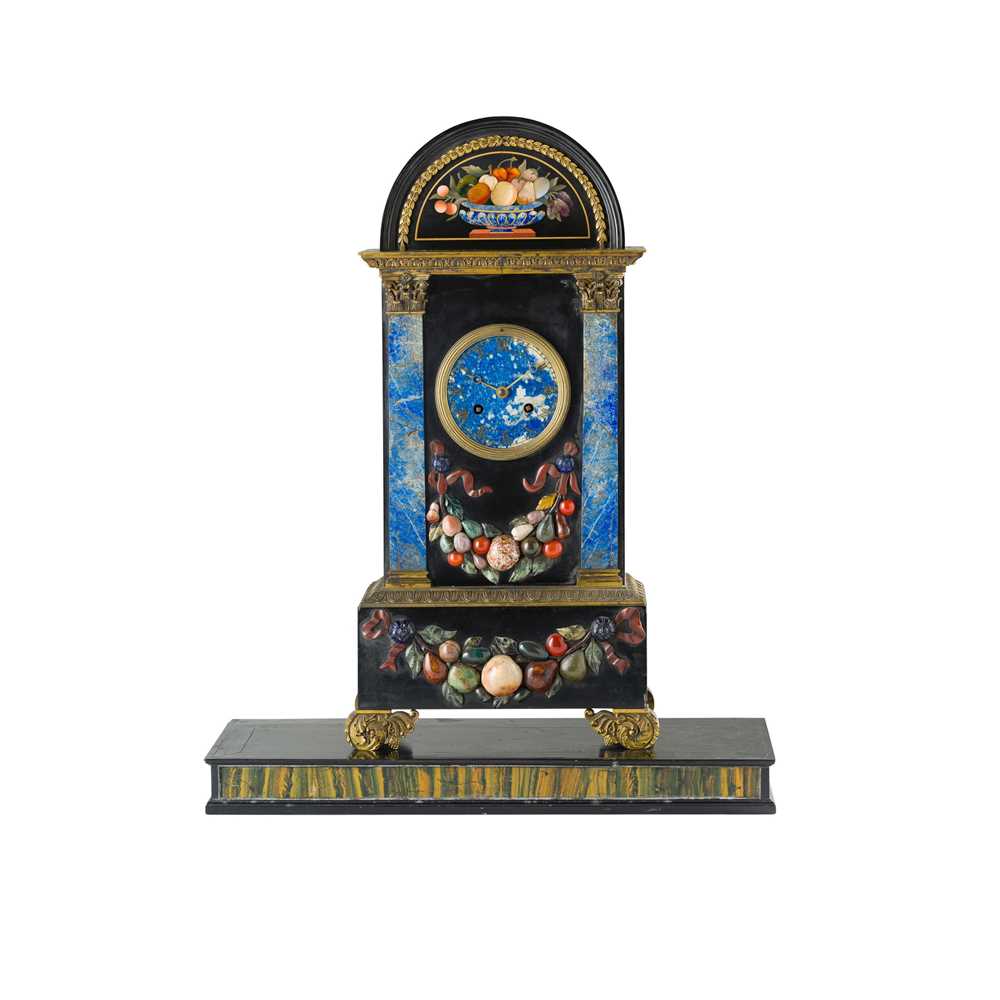 Lot 445 - FRENCH FLORENTINE MARBLE AND PIETRA DURA MANTEL CLOCK, BY HUNZIKER, PARIS