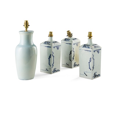 Lot 456 - THREE CHINESE BLUE AND WHITE CERAMIC LAMPS