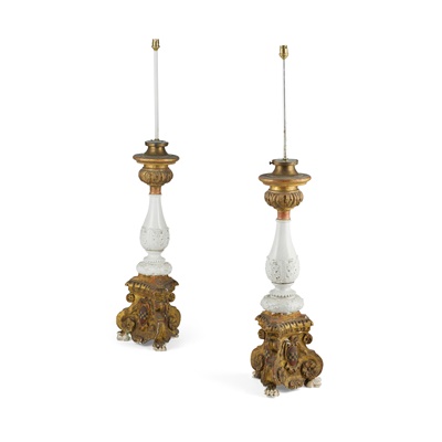 Lot 429 - PAIR OF CONTINENTAL GILTWOOD AND CERAMIC ALTAR CANDLESTICKS