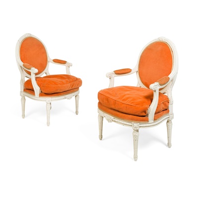 Lot 448 - PAIR OF LOUIS XVI STYLE WHITE-PAINTED FAUTEUILS