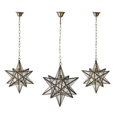 Lot 521 - THREE STAR-SHAPED GLASS AND BRASS HANGING LIGHTS