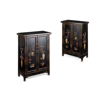 Lot 14 - PAIR OF LACQUERED AND HARDSTONE INLAID CABINETS