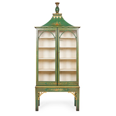 Lot 302 - REGENCY STYLE GREEN PAINTED AND GILT WOOD DISPLAY CABINET