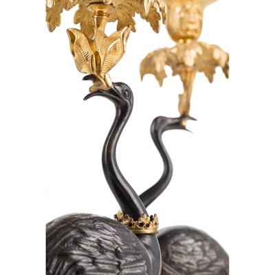 Lot 279 - PAIR OF GILT AND PATINATED BRONZE HERON CANDLESTICKS, BY THOMAS ABBOTT