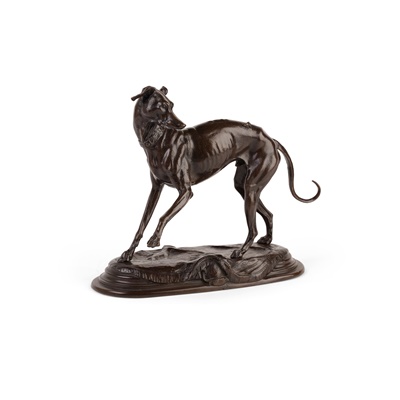 Lot 283 - AFTER ANTOINE LOUIS BARYE, BRONZE FIGURE OF A WHIPPET WITH FLY