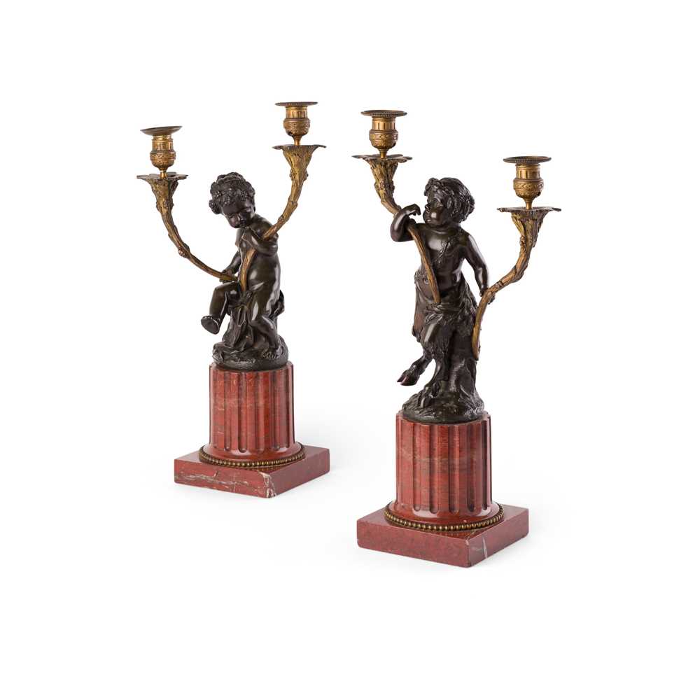 Lot 276 - AFTER CLODION, PAIR OF FRENCH BRONZE AND MARBLE CANDELABRA