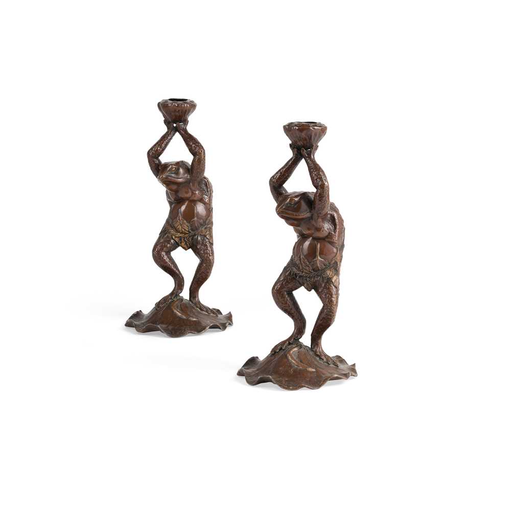 Lot 277 - PAIR OF PATINATED BRONZE FROG CANDLESTICKS
