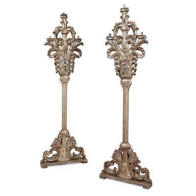 Lot 408 - PAIR OF CONTINENTAL SILVERED WOOD TORCHÈRES