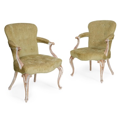Lot 423 - PAIR OF FRENCH PAINTED WOOD FRAMED FAUTEUILS
