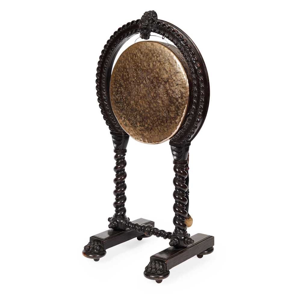 Lot 404 - CARVED AND STAINED OAK AND BRASS DINNER GONG