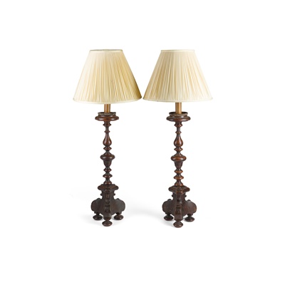 Lot 405 - PAIR OF CONTINENTAL  FRUITWOOD PRICKET STICK LAMPS