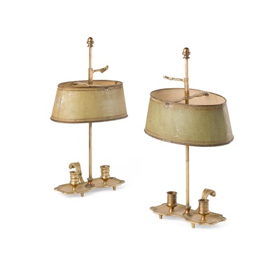 Lot 426 - PAIR OF GEORGE III BRASS AND TOLE BOUILLOTTE LAMPS