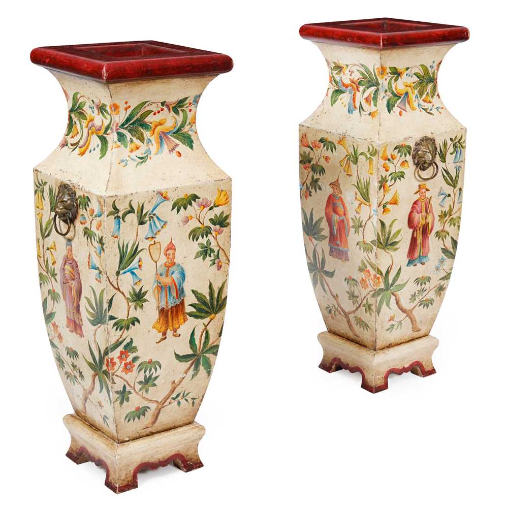 Lot 147 - PAIR OF PAINTED WOOD SQUARED VASES