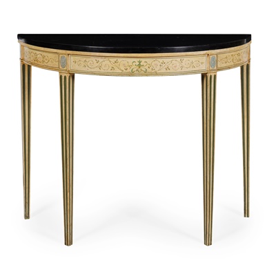 Lot 203 - GEORGE III SLATE TOPPED PAINTED WOOD DEMI LUNE TABLE