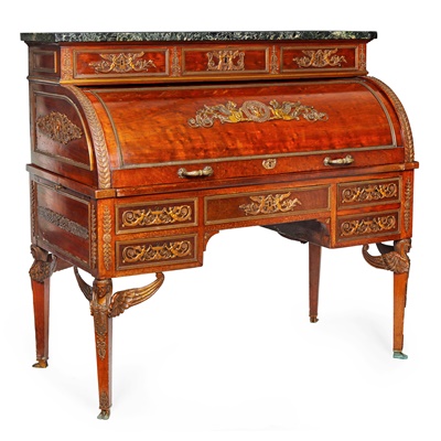 Lot 106 - FRENCH EMPIRE MARBLE TOPPED MAHOGANY BUREAU A CYLINDRE
