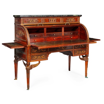 Lot 106 - FRENCH EMPIRE MARBLE TOPPED MAHOGANY BUREAU A CYLINDRE
