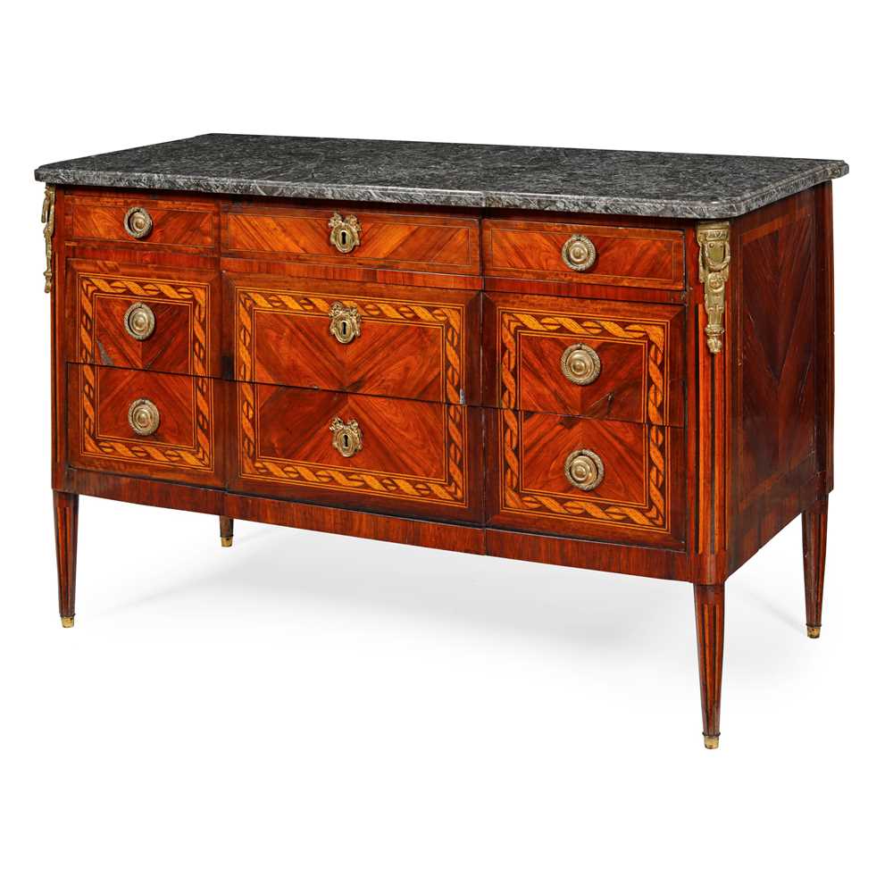 Lot 108 - FRENCH LOUIS XVI MARBLE TOPPED KINGWOOD AND FRUITWOOD PARQUETRY COMMODE