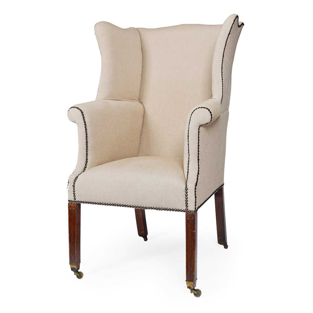 Lot 127 - GEORGE III MAHOGANY FRAMED UPHOLSTERED WING ARMCHAIR