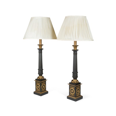 Lot 163 - PAIR OF LARGE FRENCH EMPIRE PATINATED AND GILT BRONZE TABLE LAMPS