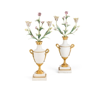 Lot 197 - PAIR OF WHITE MARBLE, GILT BRONZE AND TOLE PAINTED CANDELABRA