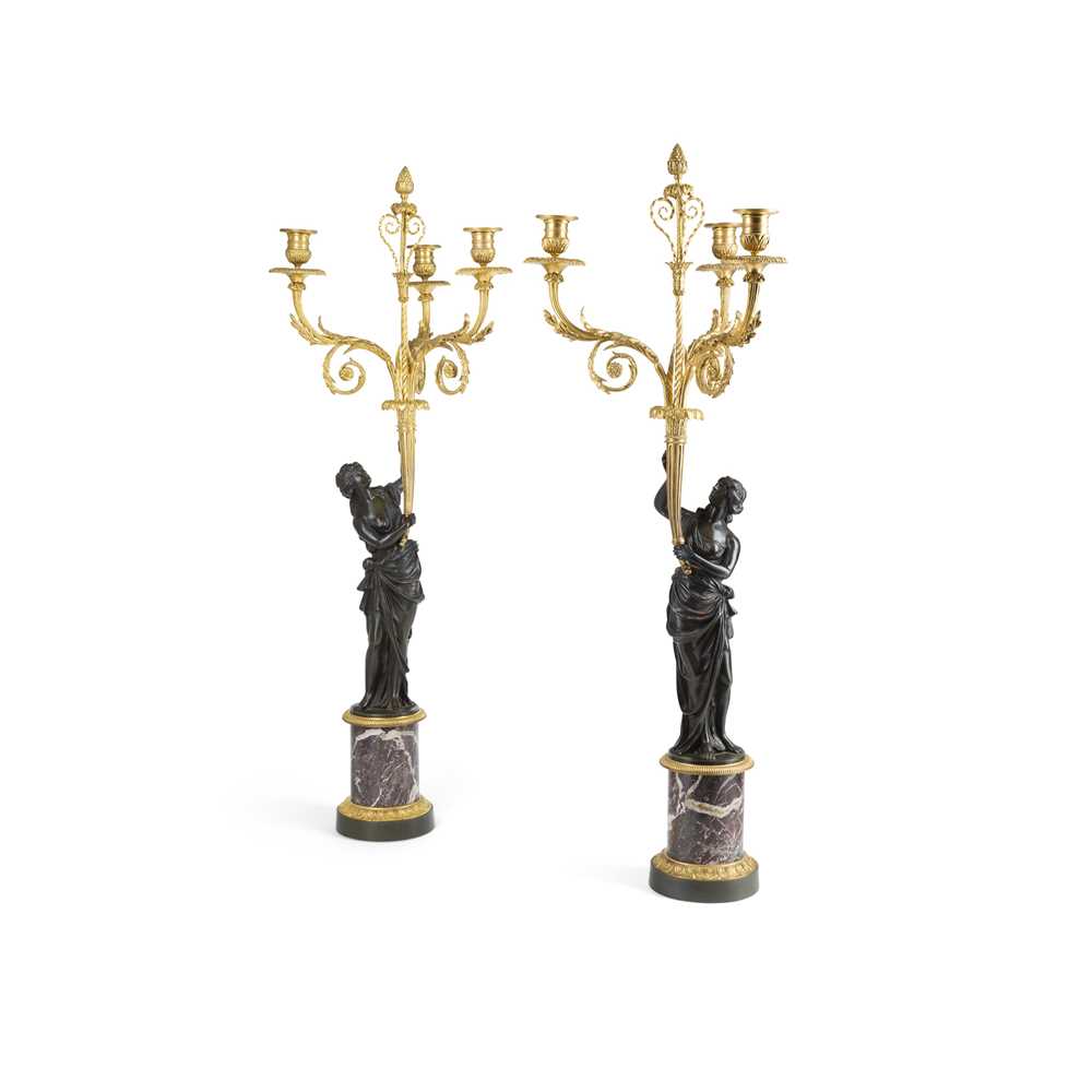Lot 201 - PAIR OF REGENCY GILT AND PATINATED BRONZE AND MARBLE FIGURAL CANDELABRA