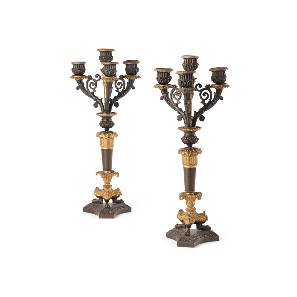 Lot 103 - PAIR OF FRENCH EMPIRE PATINATED AND GILT BRONZE CANDELABRA