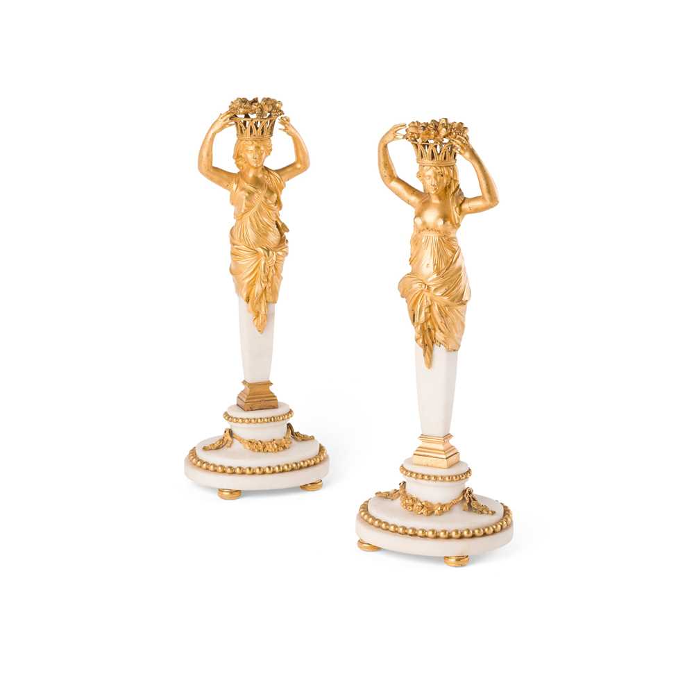 Lot 101 - PAIR OF FRENCH EMPIRE GILT BRONZE AND WHITE MARBLE FIGURAL CANDLESTICKS