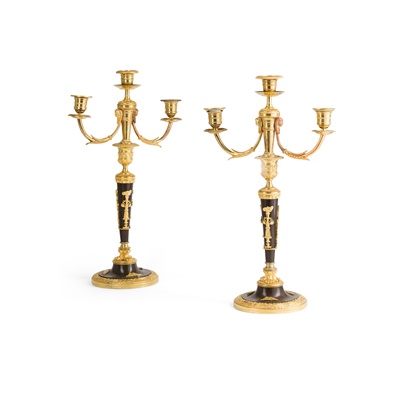 Lot 142 - PAIR OF FRENCH EMPIRE GILT AND PATINATED METAL CANDELABRA