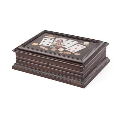 Lot 207 - PIETRA DURA MARBLE AND EBONISED WOOD GAMES BOX
