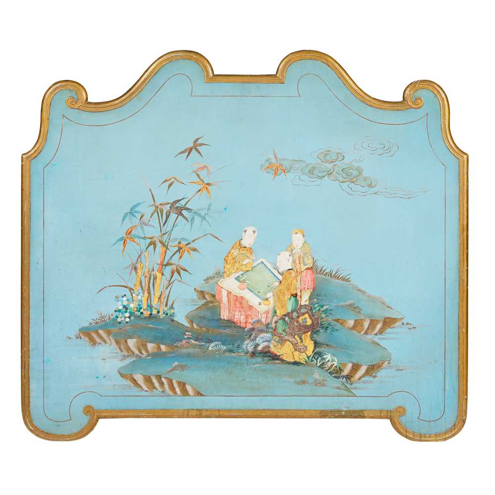 Lot 90 - BLUE PAINTED WOOD CHINOISERIE PANEL