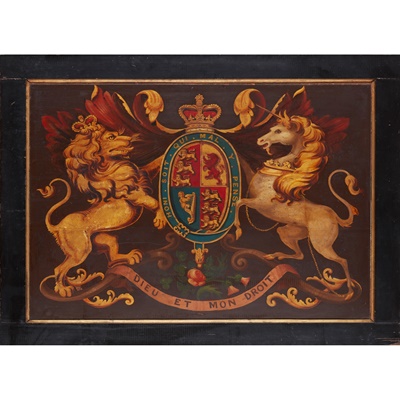 Lot 16 - PAINTED WOOD COACH PANEL WITH THE ROYAL COAT OF ARMS